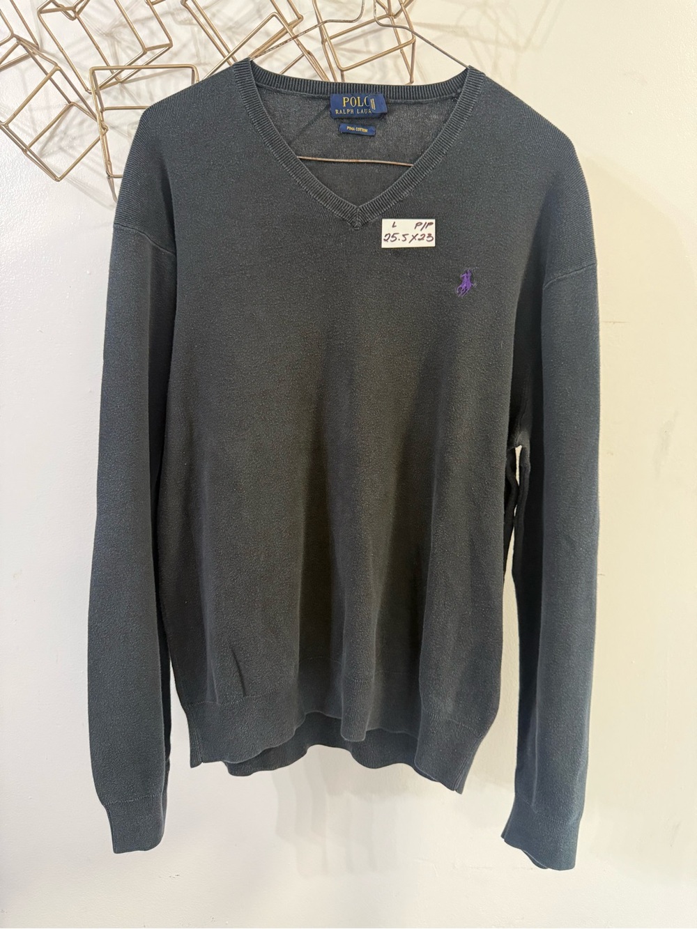 Ralph Lauren Men’s Dark Gray V-Neck Sweater with Purple Pony
